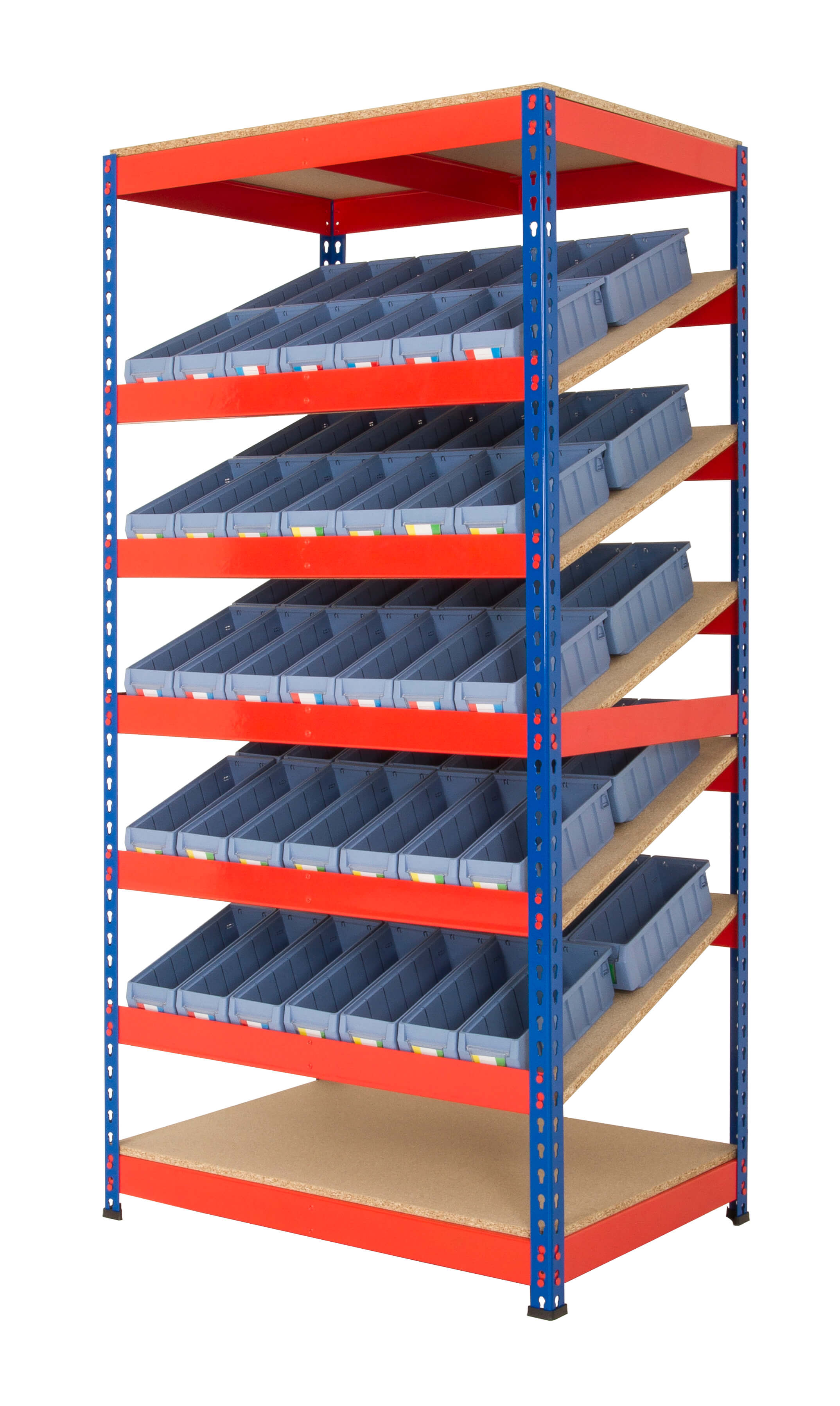 Kanban shelving with bins - 5 sloping shelves fitted with 70 shelf trays  - 1830x915x610mm - 80kg UDL.