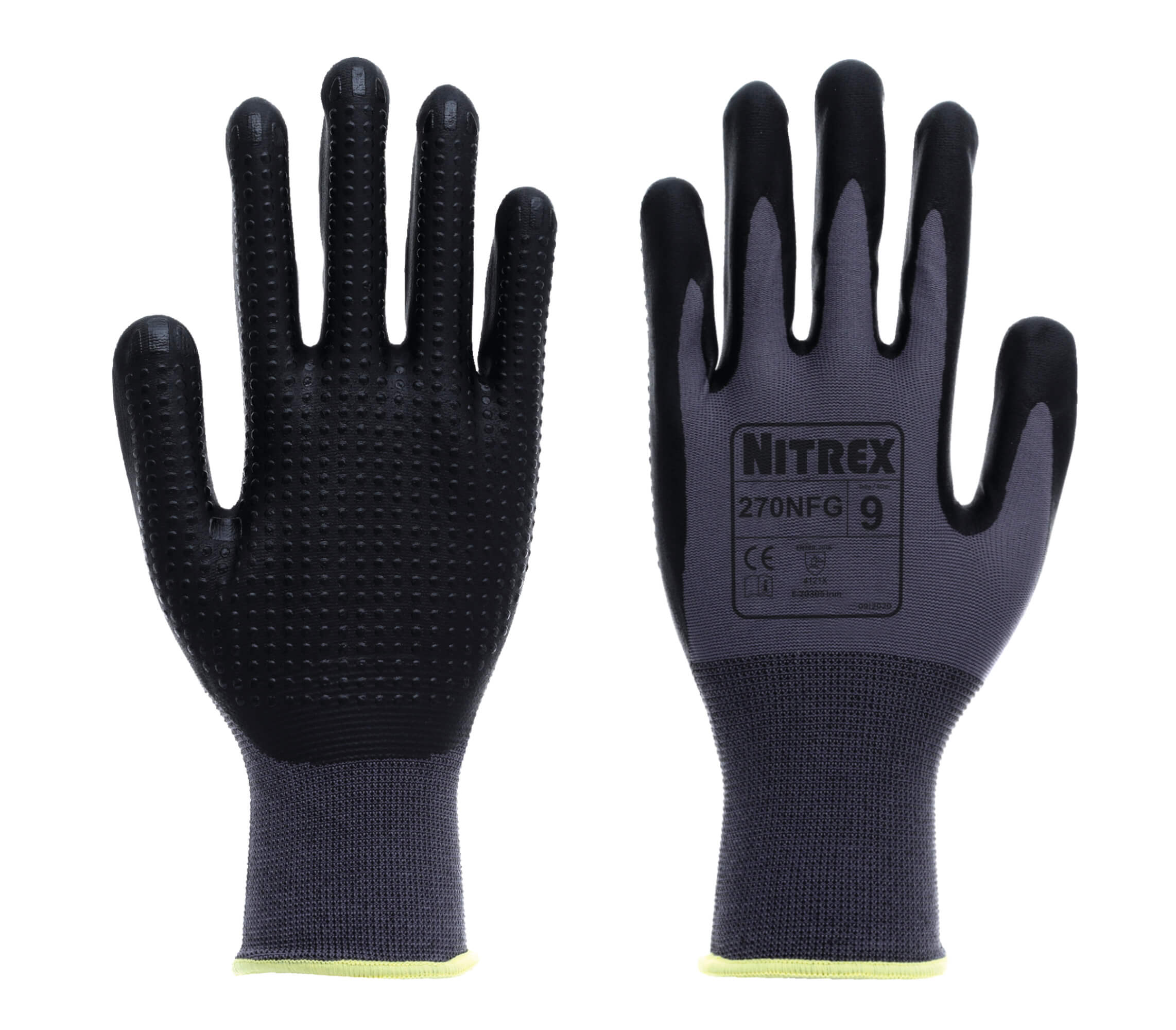 Nitrex 270NFG - Grey Black Gloves with Grip Dots - Foam Nitrile Palm Coated - Size 6/XS