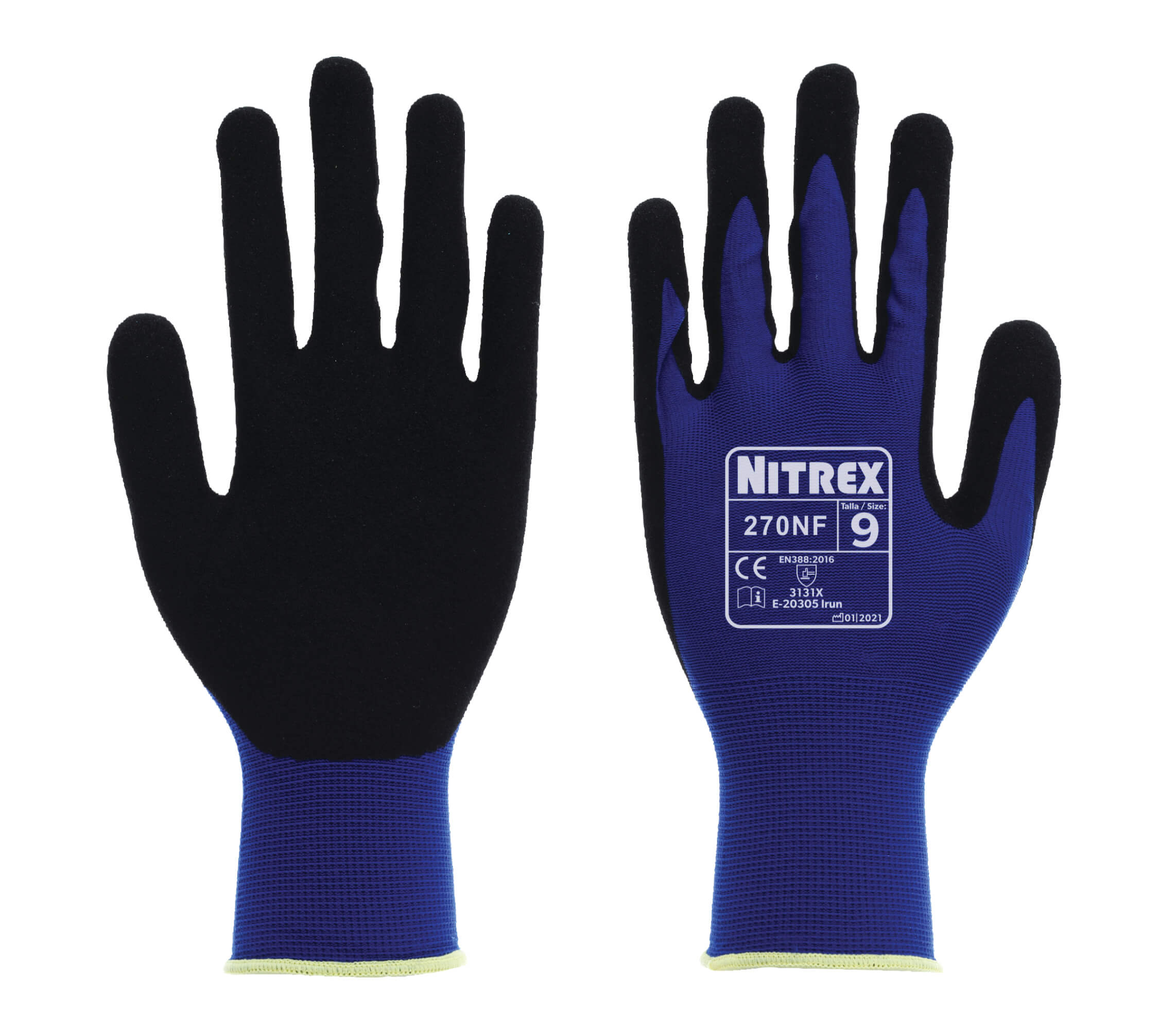 Nitrex 270NF - Grey Black Gloves with Grip Dots - Foam Nitrile Palm Coated - Size 6/XS
