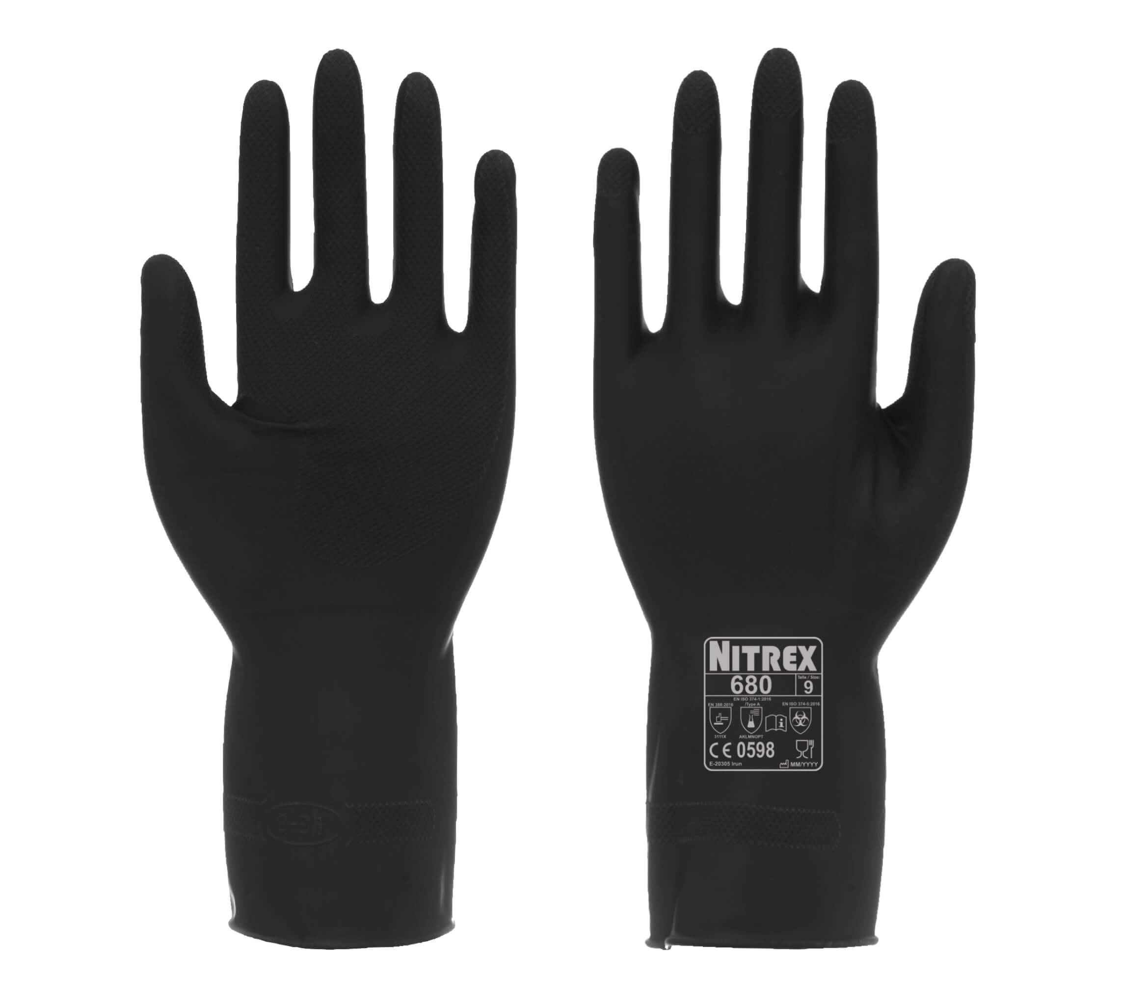Nitrex 680 - Black Heavy Duty Chemical Gloves - Slip-Resistant Enhanced Grip - Food Safe - Dexterous - Flocked Rubber Gloves - Size 9/Large